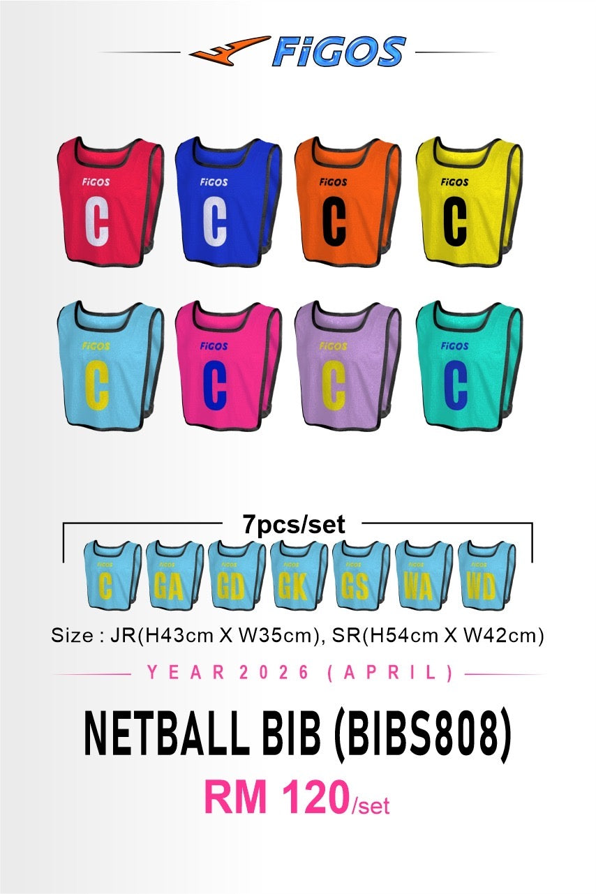 FIGOS Netball Bib Set 7pcs Training Vest | Full Position Set GA GD GK GS WA WD C | Lightweight Breathable | JR SR