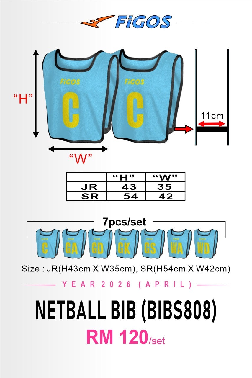 FIGOS Netball Bib Set 7pcs Training Vest | Full Position Set GA GD GK GS WA WD C | Lightweight Breathable | JR SR